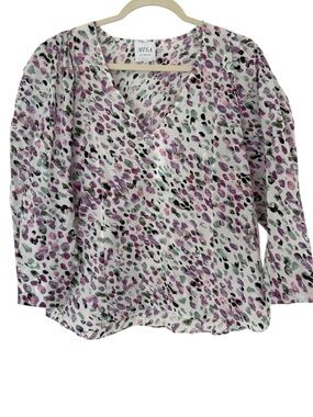 MISA Los Angeles Puff Sleeve V Neck Blouse White Lilac Print Size XS New